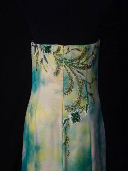 Retro 80s Mermaid Strapless Floral Green Chiffon With Beadings Long Prom Dresses Inspo 22th Birthday Outfit Formal Dress AS485