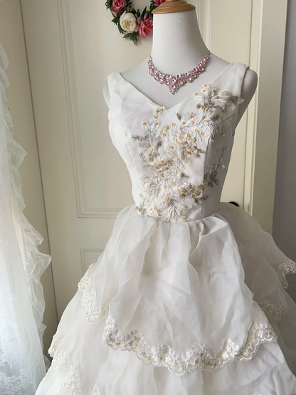 Fairytale Sweet 16 Princess Gown V Neck Tulle Lace Tiered Ruffled Skirt With Appliques Floor‑Length RC0796