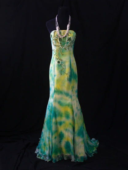 Retro 80s Mermaid Strapless Floral Green Chiffon With Beadings Long Prom Dresses Inspo 22th Birthday Outfit Formal Dress AS485
