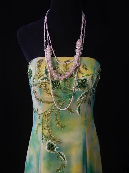 Retro 80s Mermaid Strapless Floral Green Chiffon With Beadings Long Prom Dresses Inspo 22th Birthday Outfit Formal Dress AS485