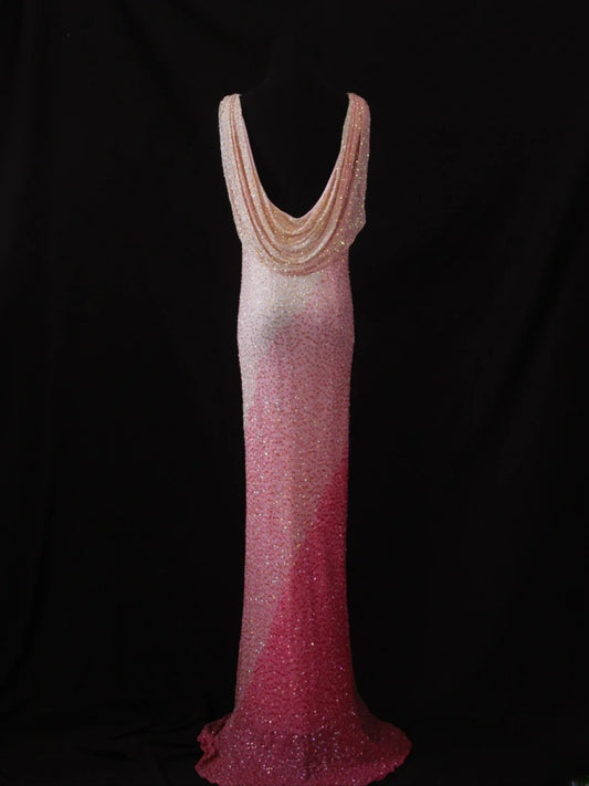 Vintage Mermaid Cowl Neck Pink White 80s With Beadings Bodice Long Prom Dresses Inspo Birthday Outfit Formal Dress For Women AS486