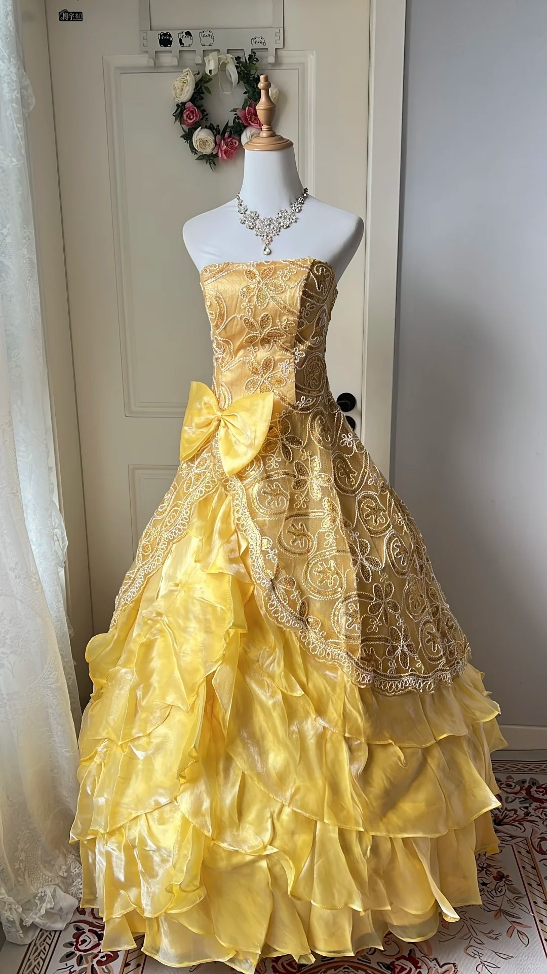 Fairytale Sweet 16 Princess Gown Strapless Yellow Sequined Lace Tiered Ruffled Skirt With Bow Floor‑Length RC0797