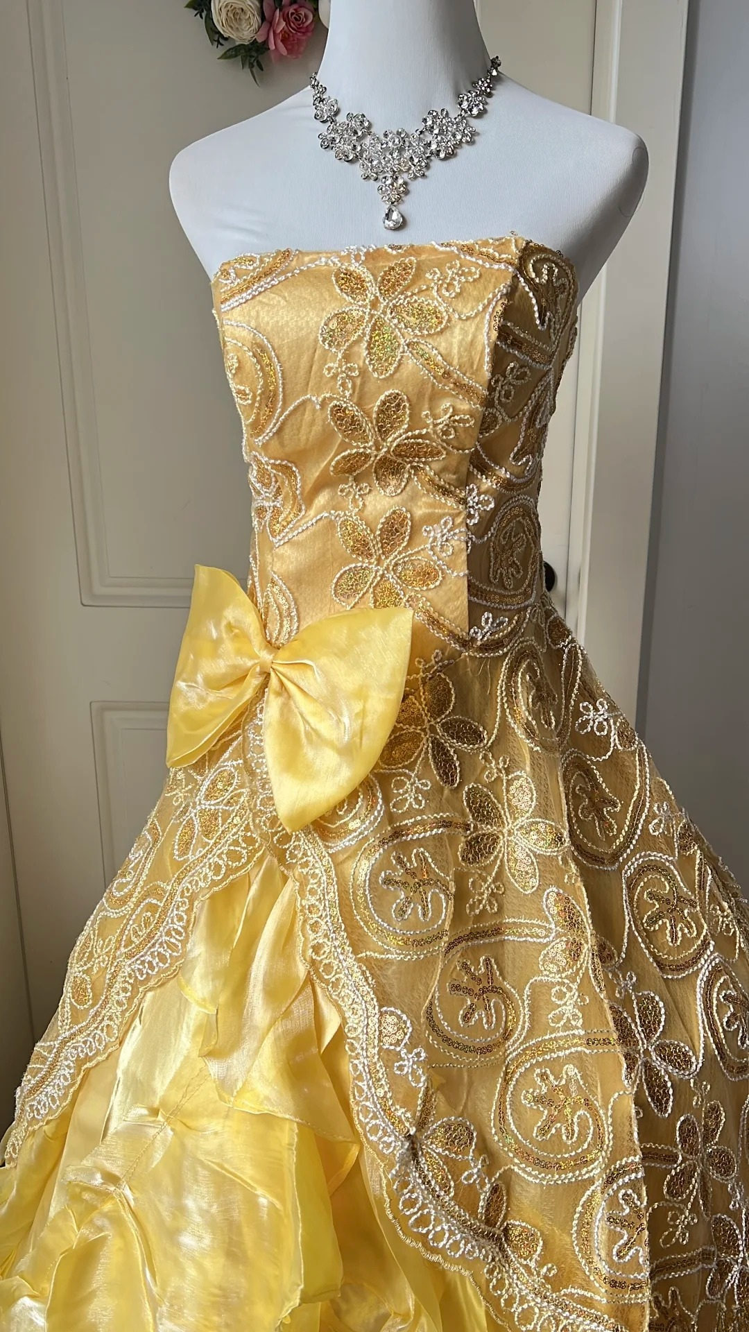 Fairytale Sweet 16 Princess Gown Strapless Yellow Sequined Lace Tiered Ruffled Skirt With Bow Floor‑Length RC0797