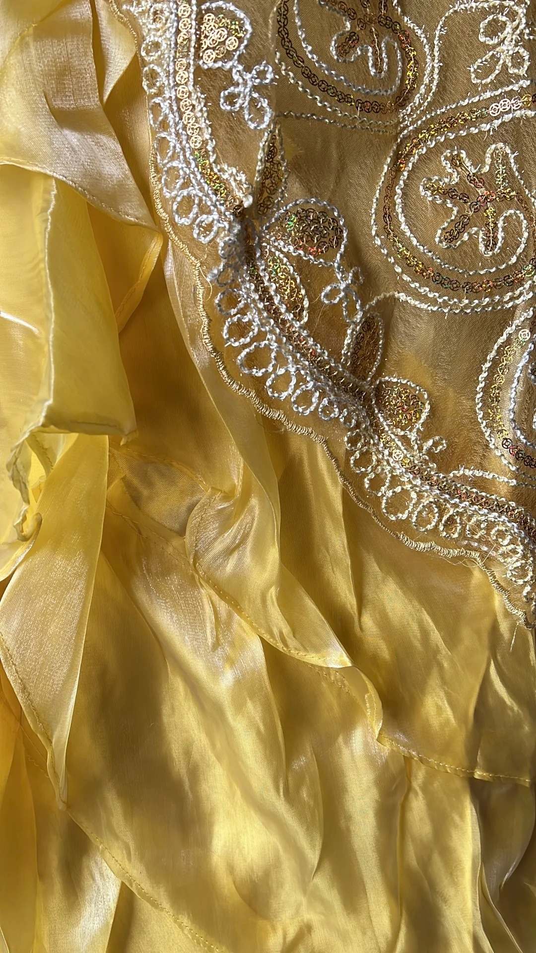 Fairytale Sweet 16 Princess Gown Strapless Yellow Sequined Lace Tiered Ruffled Skirt With Bow Floor‑Length RC0797
