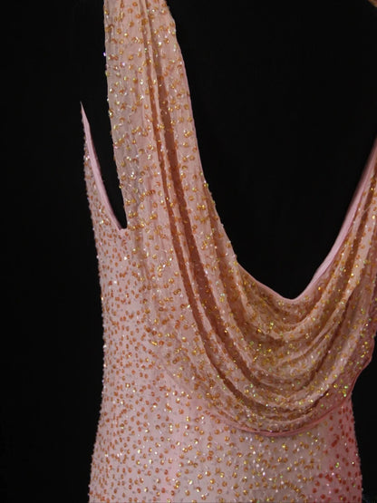 Vintage Mermaid Cowl Neck Pink White 80s With Beadings Bodice Long Prom Dresses Inspo Birthday Outfit Formal Dress For Women AS486