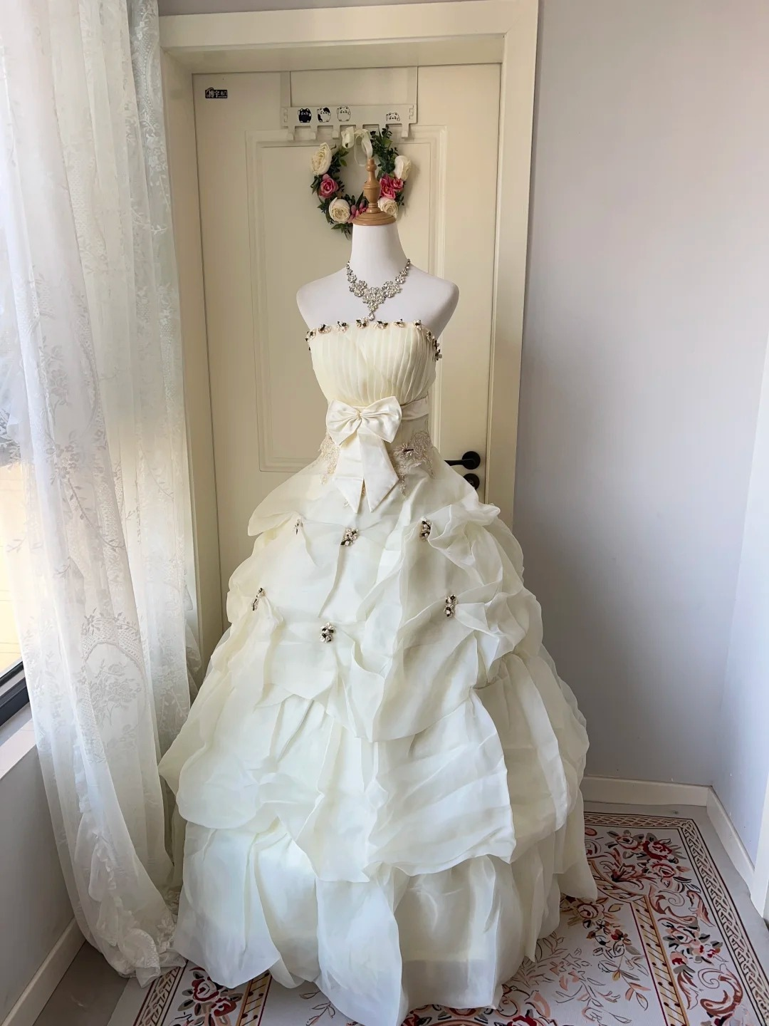 Fairytale Sweet 16 Princess Ball Gown Strapless Daffodil Tiered Ruffled Skirt With Bow Floor‑Length RC0798