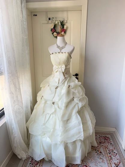 Fairytale Sweet 16 Princess Ball Gown Strapless Daffodil Tiered Ruffled Skirt With Bow Floor‑Length RC0798