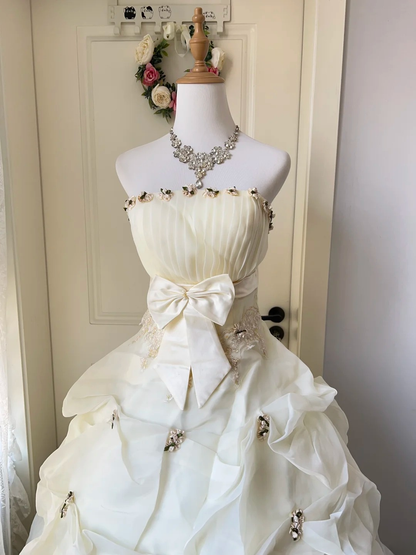 Fairytale Sweet 16 Princess Ball Gown Strapless Daffodil Tiered Ruffled Skirt With Bow Floor‑Length RC0798