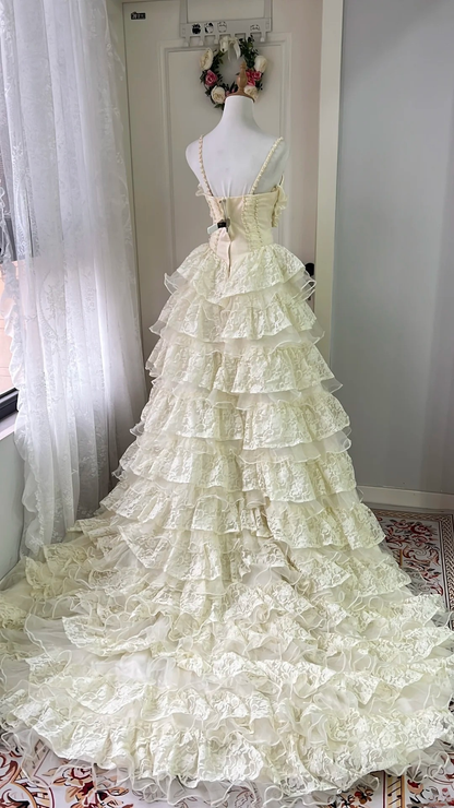 Cream Ivory Wedding Dress Ball Gown High Low Spaghetti Straps With Tiered Lace Bridal Gown RC0800