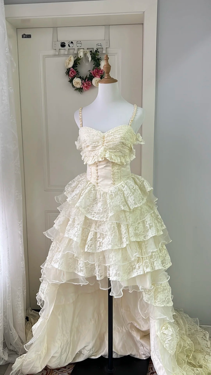 Cream Ivory Wedding Dress Ball Gown High Low Spaghetti Straps With Tiered Lace Bridal Gown RC0800