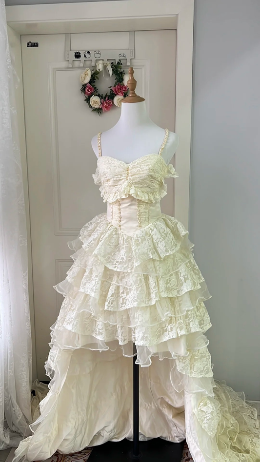 Cream Ivory Wedding Dress Ball Gown High Low Spaghetti Straps With Tiered Lace Bridal Gown RC0800