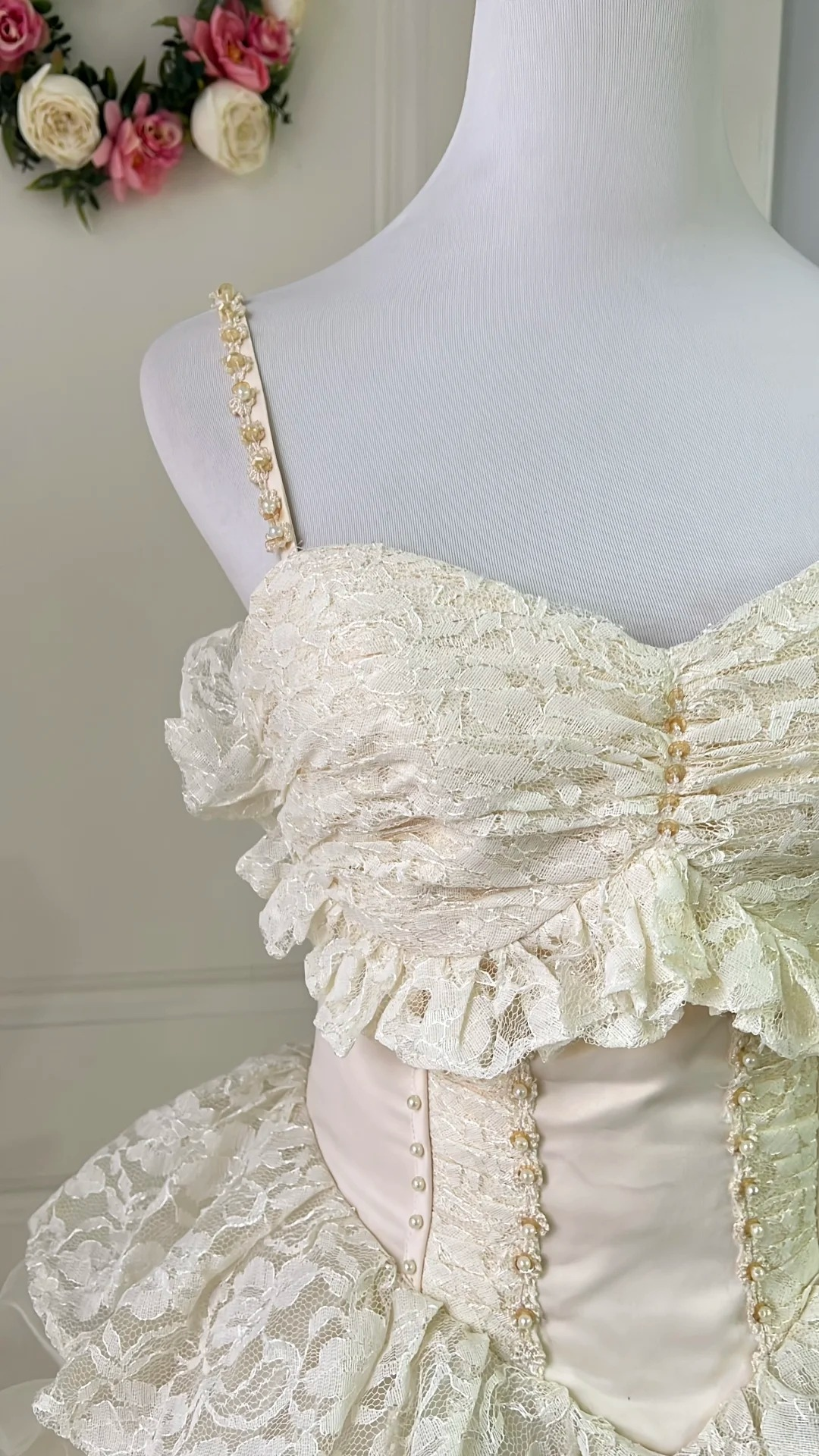 Cream Ivory Wedding Dress Ball Gown High Low Spaghetti Straps With Tiered Lace Bridal Gown RC0800