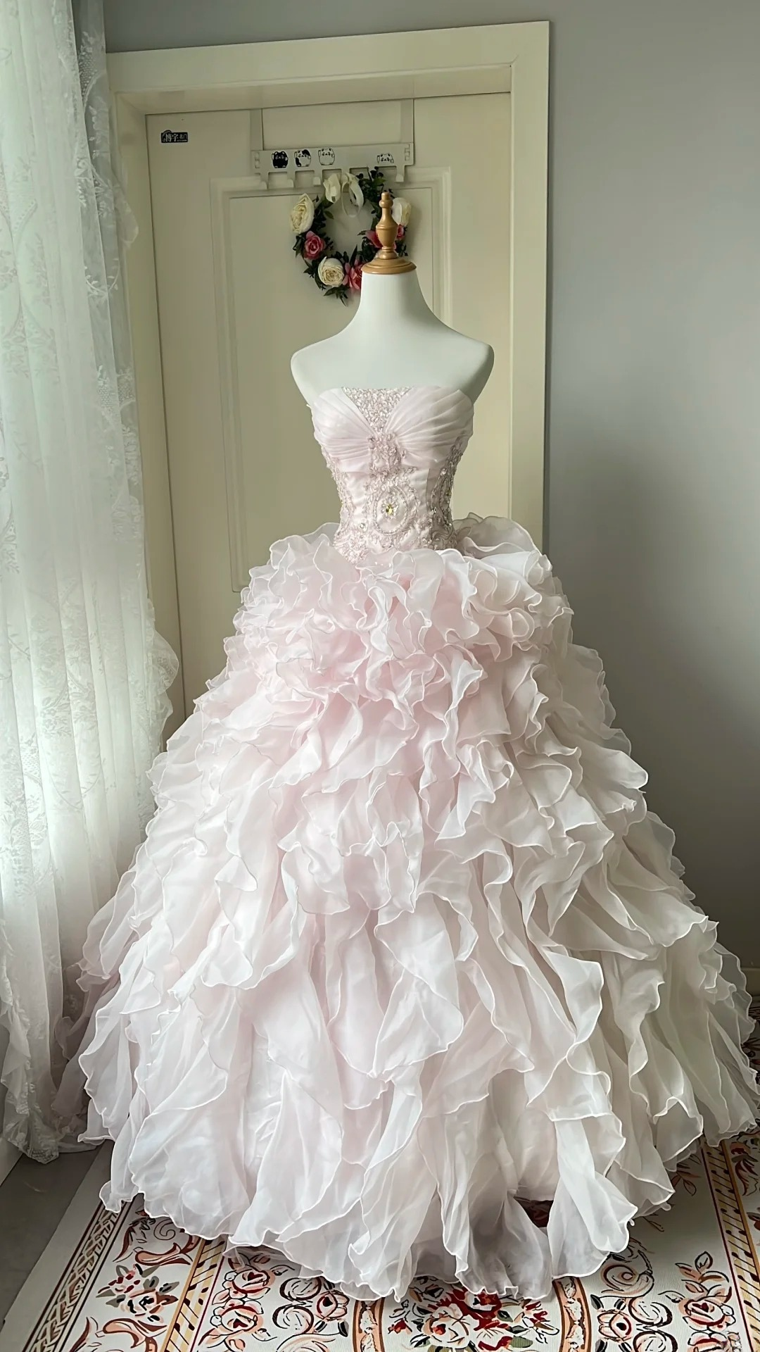 Fairytale Sweet 16 Princess Ball Gown Strapless Pink Tiered Ruffled Skirt With Lace Floor‑Length RC0801
