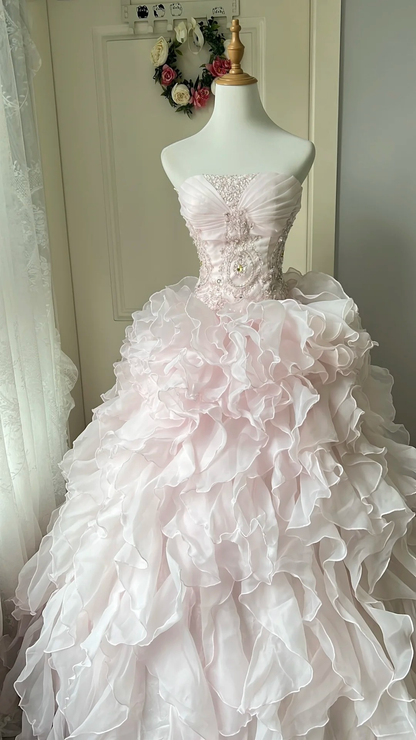 Fairytale Sweet 16 Princess Ball Gown Strapless Pink Tiered Ruffled Skirt With Lace Floor‑Length RC0801