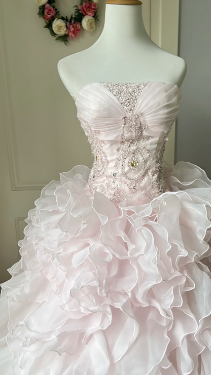 Fairytale Sweet 16 Princess Ball Gown Strapless Pink Tiered Ruffled Skirt With Lace Floor‑Length RC0801