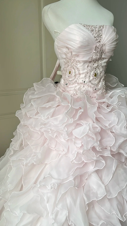 Fairytale Sweet 16 Princess Ball Gown Strapless Pink Tiered Ruffled Skirt With Lace Floor‑Length RC0801