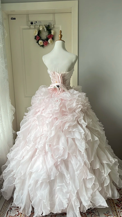 Fairytale Sweet 16 Princess Ball Gown Strapless Pink Tiered Ruffled Skirt With Lace Floor‑Length RC0801