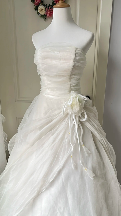 Fairytale Sweet 16 Princess Ball Gown Strapless White Tiered Ruffled Skirt Floor‑Length RC0802