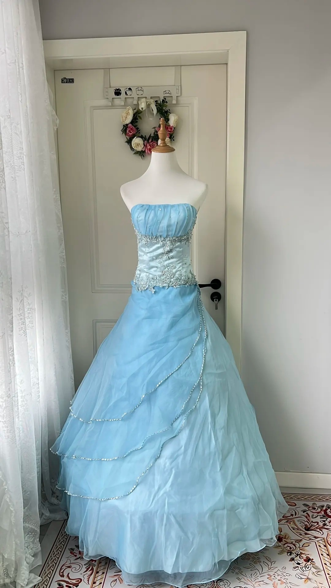 Fairytale Sweet 16 Princess Ball Gown Strapless Blue With Layers Beaded Skirt Floor‑Length RC0803