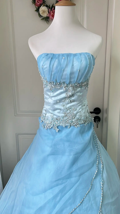 Fairytale Sweet 16 Princess Ball Gown Strapless Blue With Layers Beaded Skirt Floor‑Length RC0803
