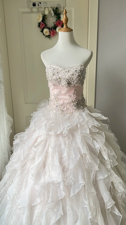 Pink Sweet 16 Quinceanera Dress Sweetheart Lace Embroidery Tiered Ball Gown With Ruffled RC0804