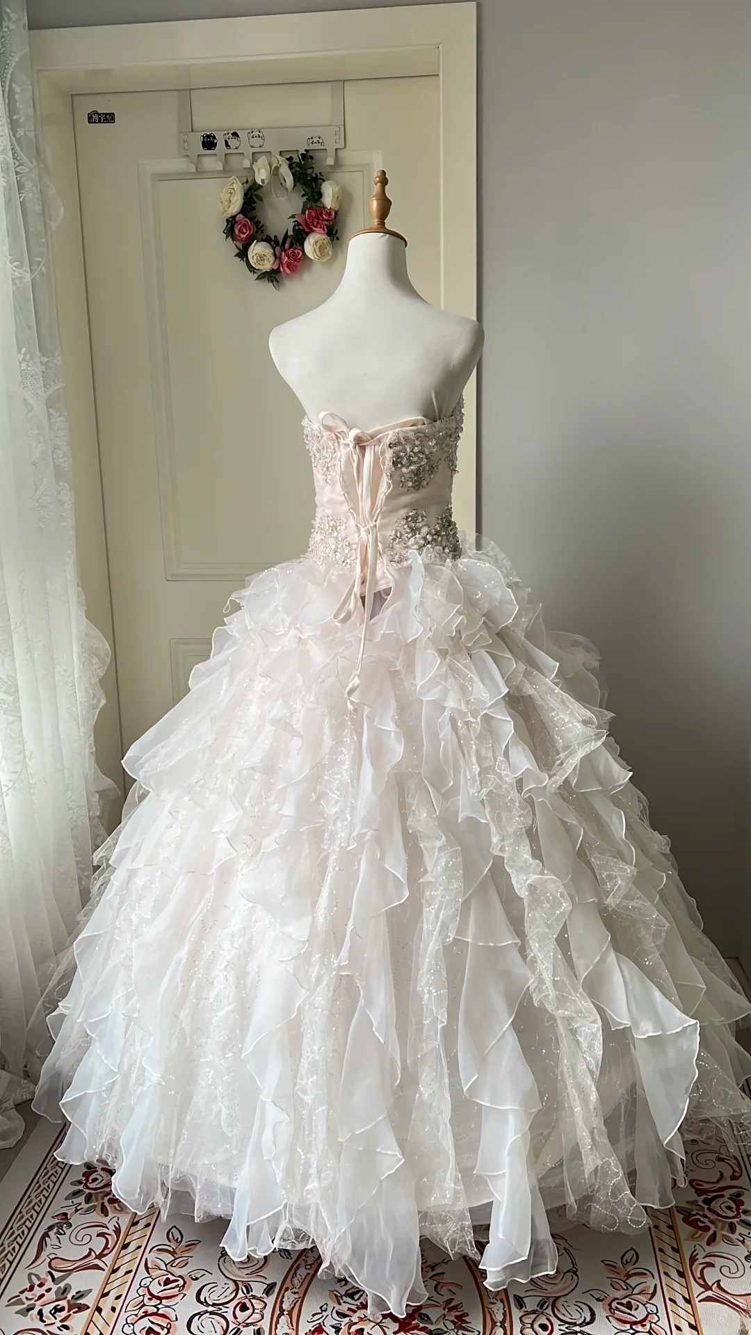 Pink Sweet 16 Quinceanera Dress Sweetheart Lace Embroidery Tiered Ball Gown With Ruffled RC0804