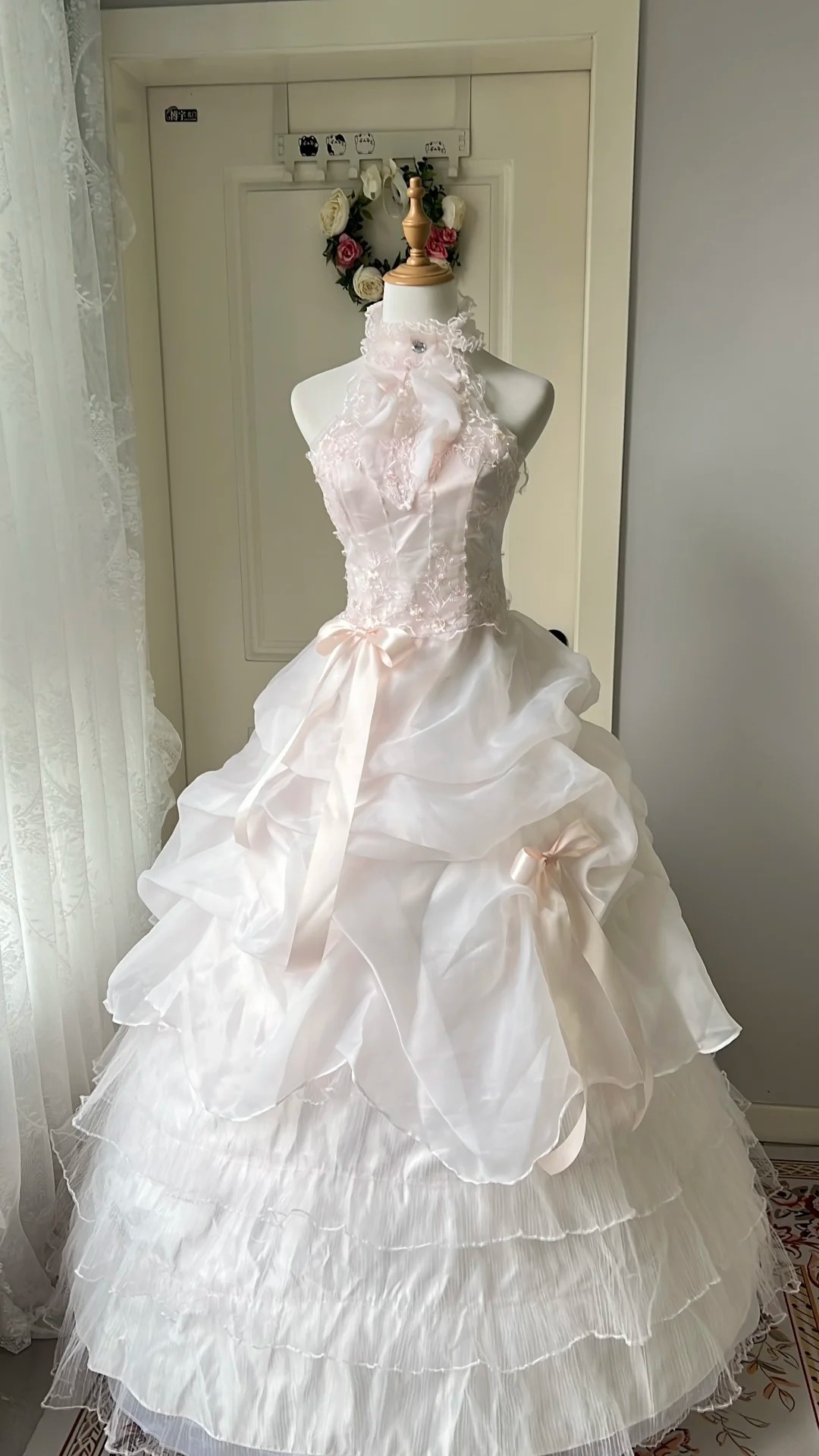 Fairytale Sweet 16 Princess Ball Gown High Neck Pink With Layers Tiered Skirt Floor‑Length RC0805