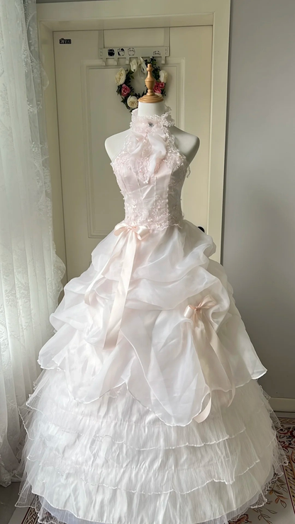 Fairytale Sweet 16 Princess Ball Gown High Neck Pink With Layers Tiered Skirt Floor‑Length RC0805