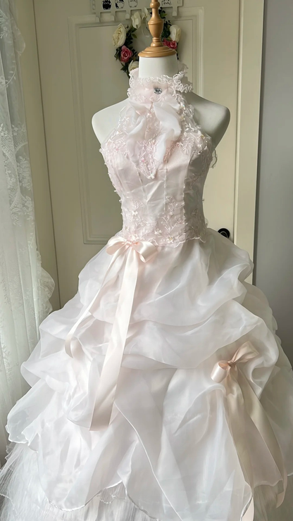 Fairytale Sweet 16 Princess Ball Gown High Neck Pink With Layers Tiered Skirt Floor‑Length RC0805
