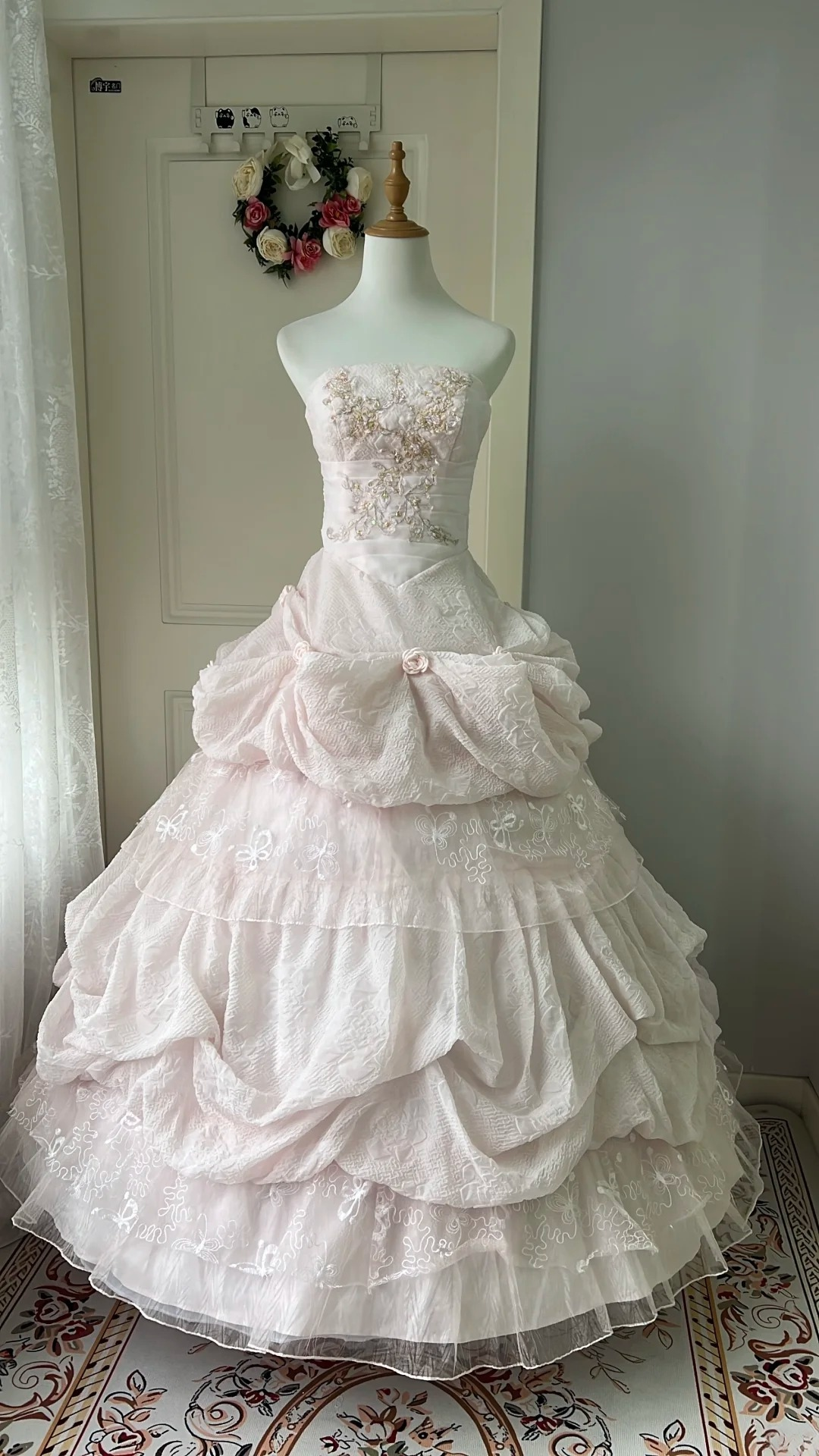 Pink Sweet 16 Quinceanera Dress Strapless Lace Embroidery Tiered Ball Gown With Ruffled RC0806