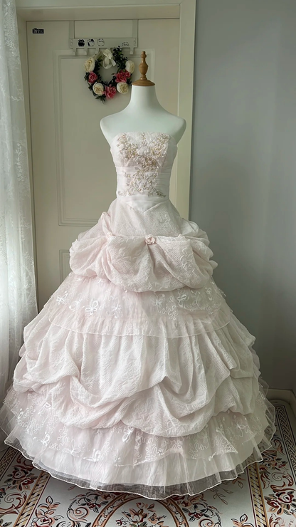 Pink Sweet 16 Quinceanera Dress Strapless Lace Embroidery Tiered Ball Gown With Ruffled RC0806
