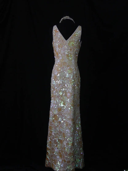 Retro 80s Sheath V Neck Sequins Long Slim Prom Dresses Inspo 22th Birthday Outfit Formal Dress AS495