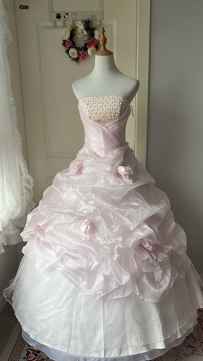Pink Sweet 16 Quinceanera Dress Strapless Pearls Tiered Ball Gown With Flowers Ruffled RC0807