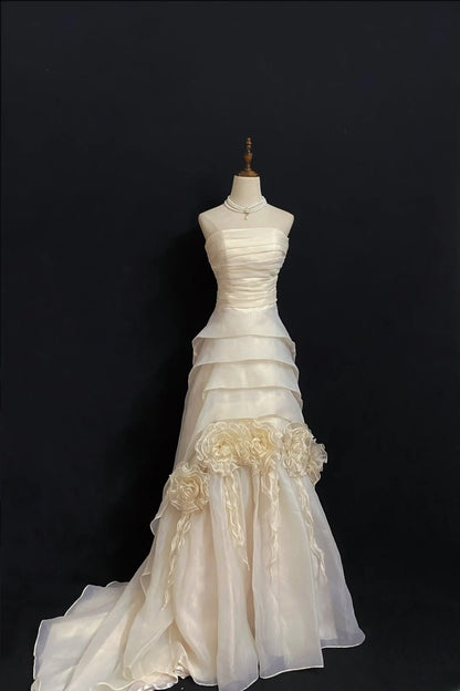 Vintage 80s Mermaid Strapless Organza Ivory With Flowers Wedding Brides Gown Bridal Dress Wedding Dresses RB7754