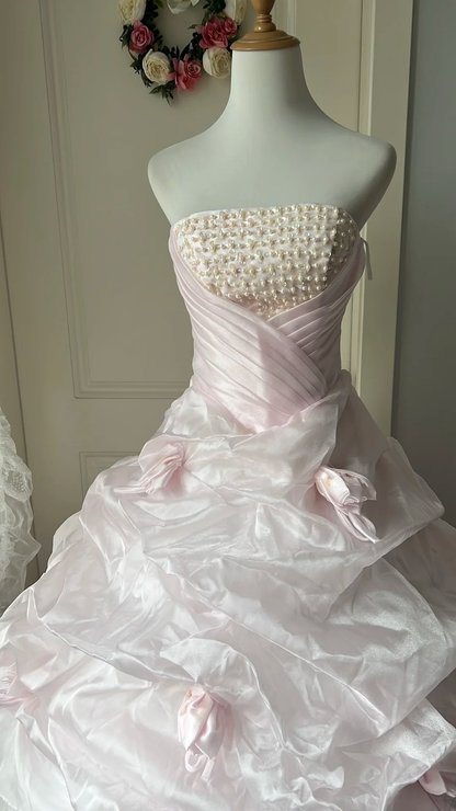 Pink Sweet 16 Quinceanera Dress Strapless Pearls Tiered Ball Gown With Flowers Ruffled RC0807