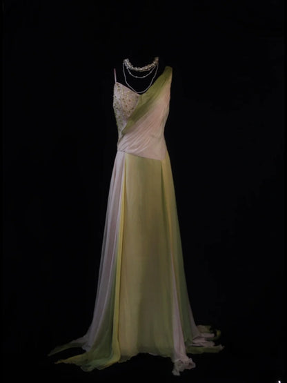 Retro 80s A line Irregular Neck Lilac Green Chiffon With Beadings Prom Dresses Inspo 22th Birthday Outfit Formal Dress AS496