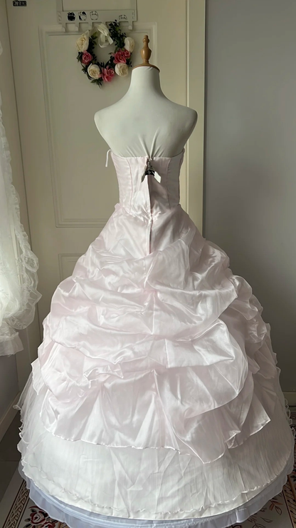Pink Sweet 16 Quinceanera Dress Strapless Pearls Tiered Ball Gown With Flowers Ruffled RC0807