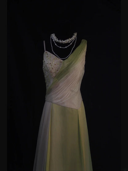 Retro 80s A line Irregular Neck Lilac Green Chiffon With Beadings Prom Dresses Inspo 22th Birthday Outfit Formal Dress AS496