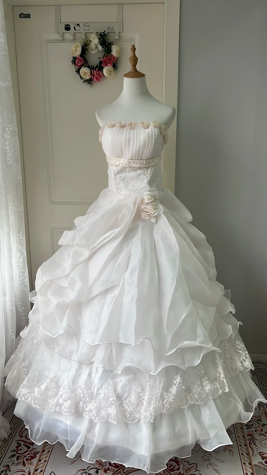 Pink Sweet 16 Quinceanera Dress Strapless Pearls Tiered Ball Gown With Flowers Ruffled RC0808