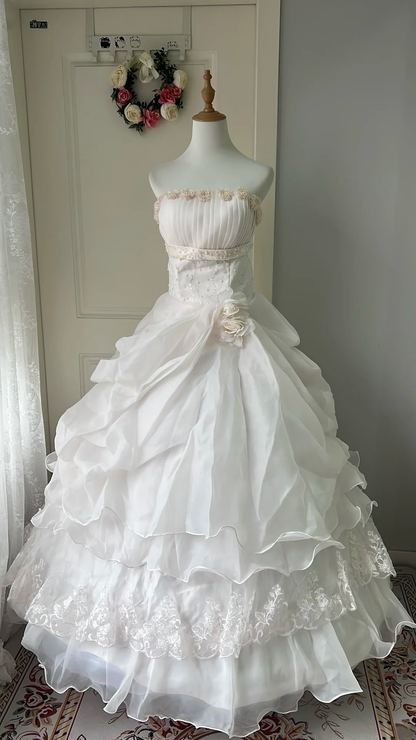 Pink Sweet 16 Quinceanera Dress Strapless Pearls Tiered Ball Gown With Flowers Ruffled RC0808