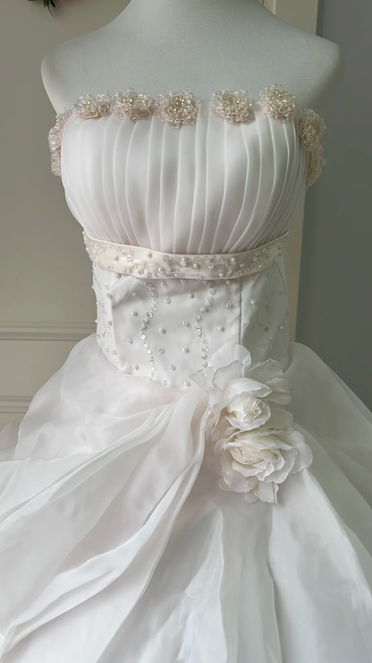 Pink Sweet 16 Quinceanera Dress Strapless Pearls Tiered Ball Gown With Flowers Ruffled RC0808