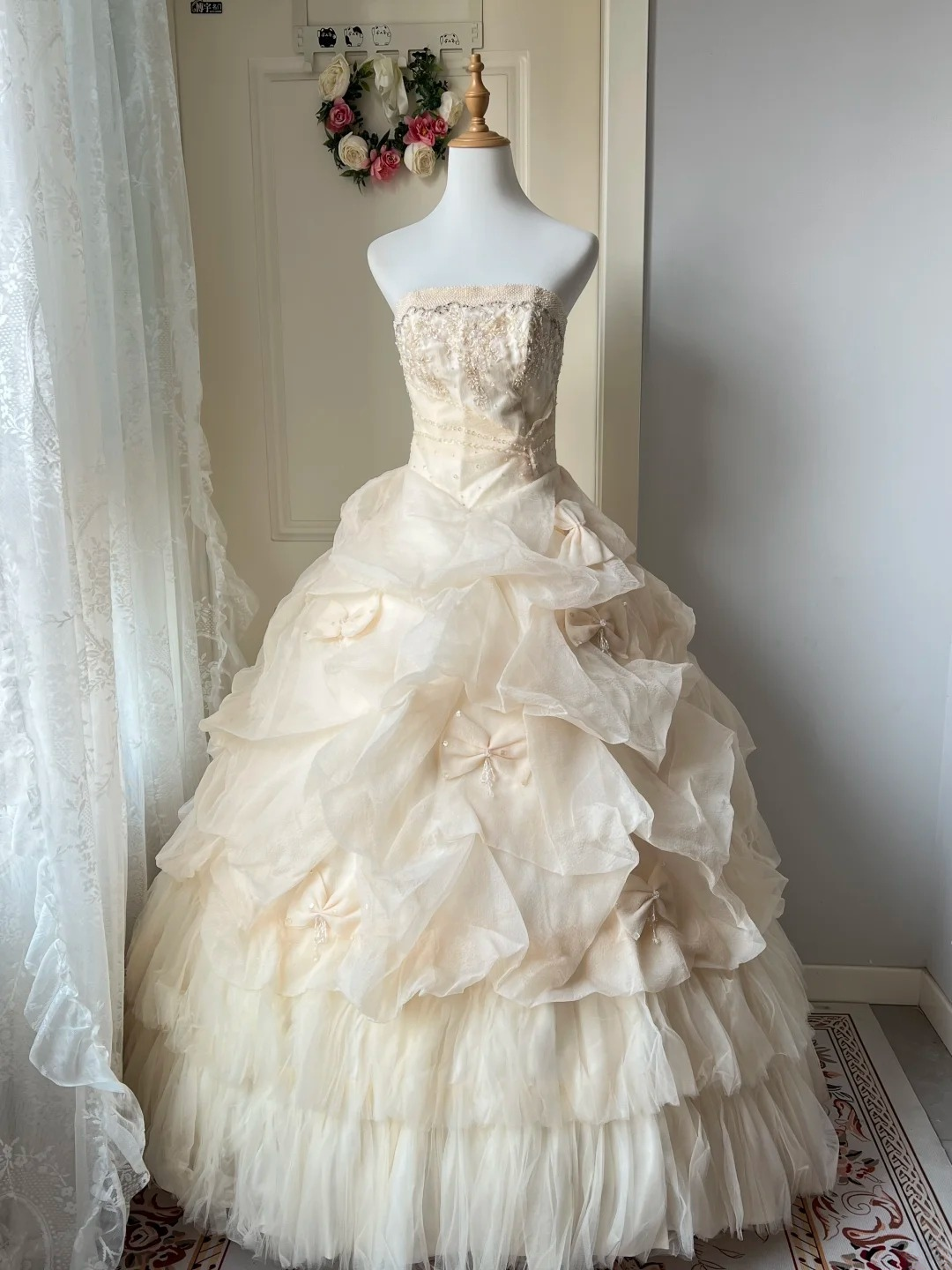Sweet 16 Quinceanera Dress Strapless Daffodil Tiered Ball Gown With Bows Ruffled RC0810