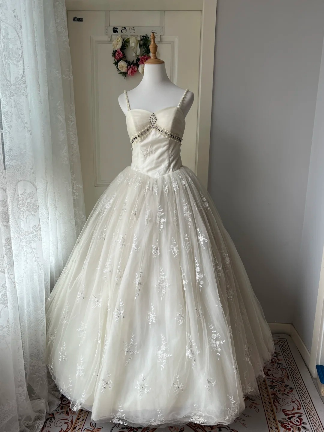 Fairytale Sweet 16 Dress Princess Ball Gown Spaghetti Straps Lace With Pearls Floor‑Length Quinceanera Dresses RC0812