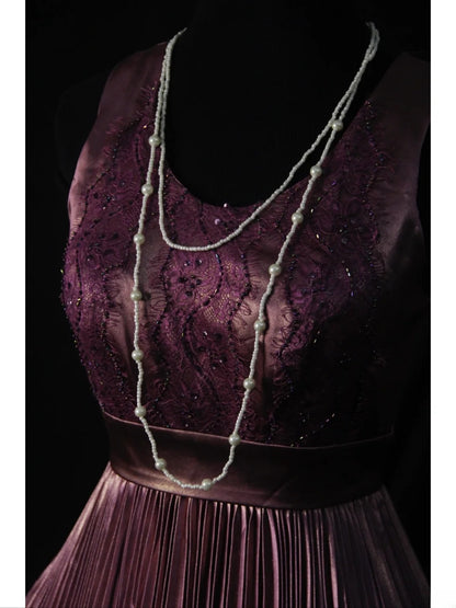 Vintage A Line Dusty Purple 1950s With Beads Pleated Bodice Long Prom Dresses Inspo 18th Birthday Outfit Formal Gown AS501
