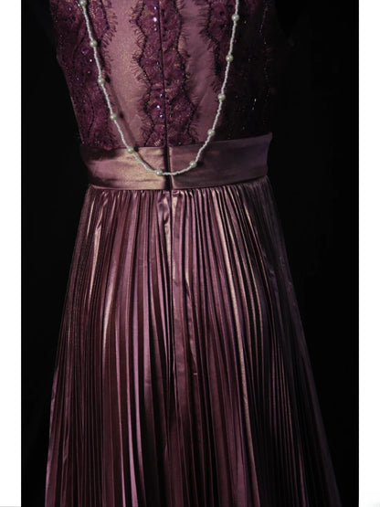 Vintage A Line Dusty Purple 1950s With Beads Pleated Bodice Long Prom Dresses Inspo 18th Birthday Outfit Formal Gown AS501