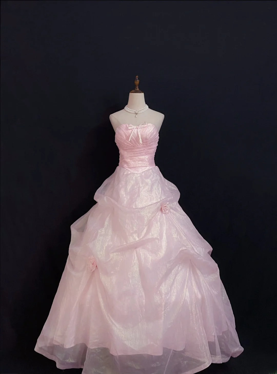 Princesses Fairytale Ball Gown Strapless Pink With Bow Ruffled Quince Dress Quinceanera Dresses Formal 16th Birthday Outfit RB7962