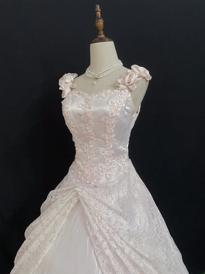 Princesses Fairytale Ball Gown Straps Sweetheart Pink Lace Long Quince Dress Quinceanera Dresses Formal Birthday Outfits RB7963