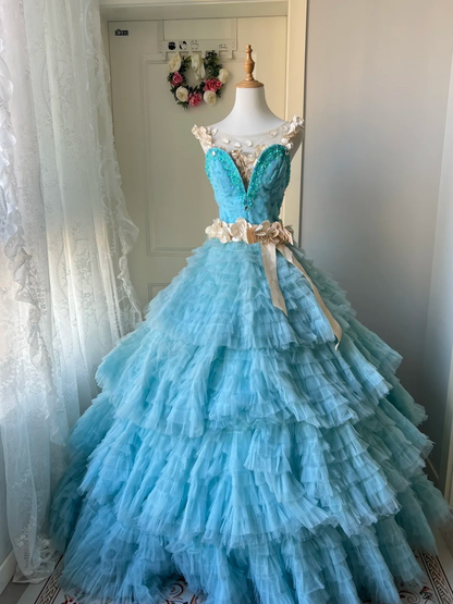 Sweet 16 Quinceanera Dress Scoop Blue Tiered Layers Ball Gown With Ruffled Beading Birthday Party Gown RC0815
