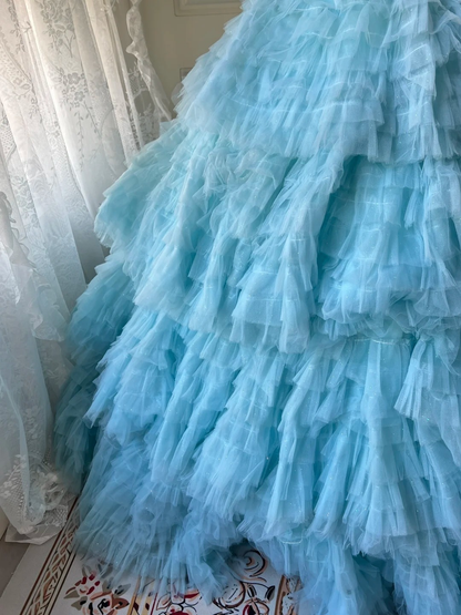 Sweet 16 Quinceanera Dress Scoop Blue Tiered Layers Ball Gown With Ruffled Beading Birthday Party Gown RC0815