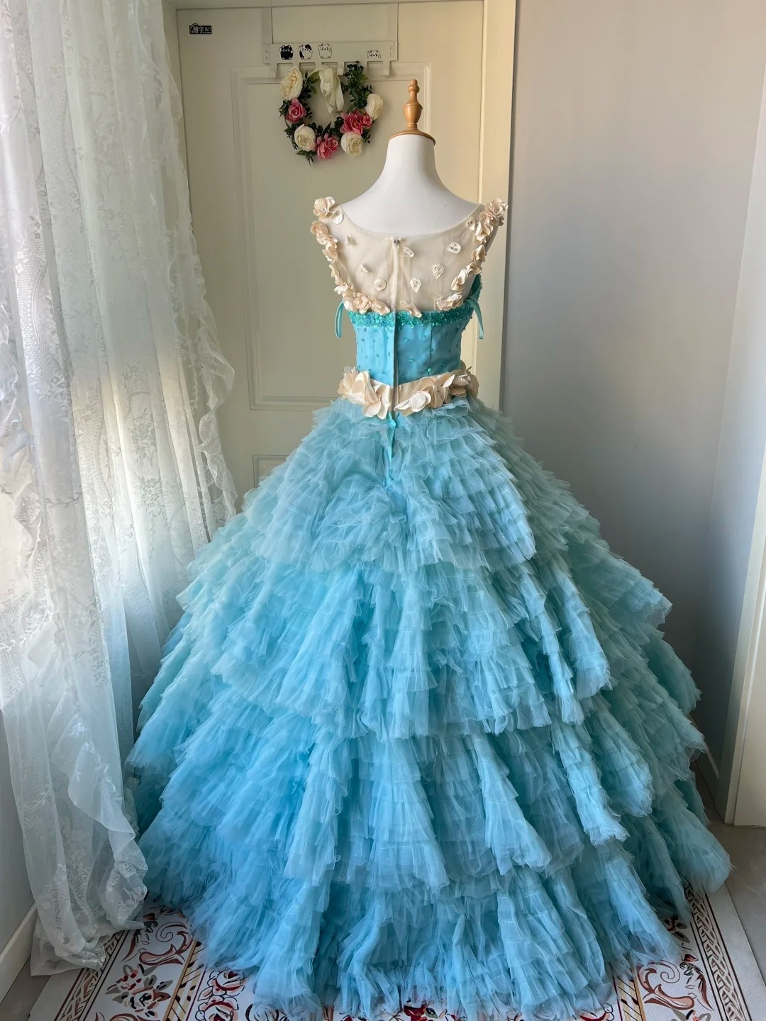 Sweet 16 Quinceanera Dress Scoop Blue Tiered Layers Ball Gown With Ruffled Beading Birthday Party Gown RC0815